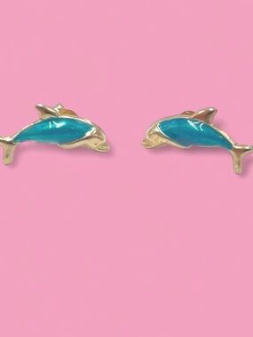 10K Yellow Gold Dolphin Stud Earrings Blue Enamel Cute Minimal Ocean Jewelry